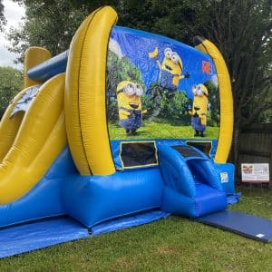 Our Despicable Me Minions Wet or Dry Combo bounce castle rental and slide rental is one our most popular inflatable rentals for your kids birthday party.